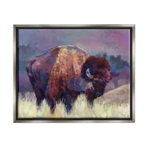 Stupell Industries Vibrant Bison Grazing Rural Meadow Purple Landscape Painting Luster Gray Floating Framed Canvas Print Wall Art, Design by Robert Jackson