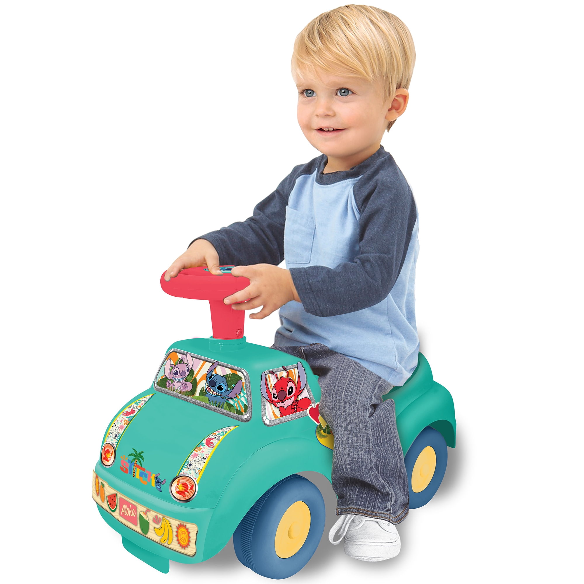 Kiddieland: My First Ride-On - Stitch - Teal & Red, Disney Character Lights & Sounds Foot-To-Floor Vehicle, Spin Roller & Steer Wheel, Toddler 12-36mo