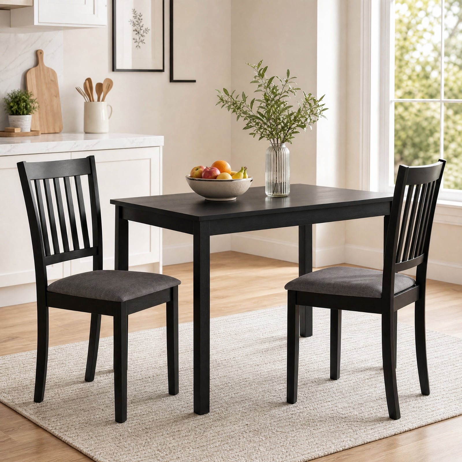 Furnibear Upholstered Wooden Dining Chairs Set of 2 with Padded Fabric Seats and Rubber Wood Frame for Kitchen Dining Room, Black