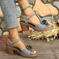 thumbnail image 4 of Womens T-Strap Block Heel Dress Sandals Floral Embellished Open Toe Ankle Strap Buckle Comfortable Faux Faux Leather Summer Wedding Shoes Gray,Size 39, 4 of 7