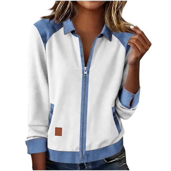 JSKUMAR Women's Patchwork Stitching Shirts Casual Long Sleeve Full Zip Denim Sweatshirt Stylish Lapel Blouses Tops (White,XL)