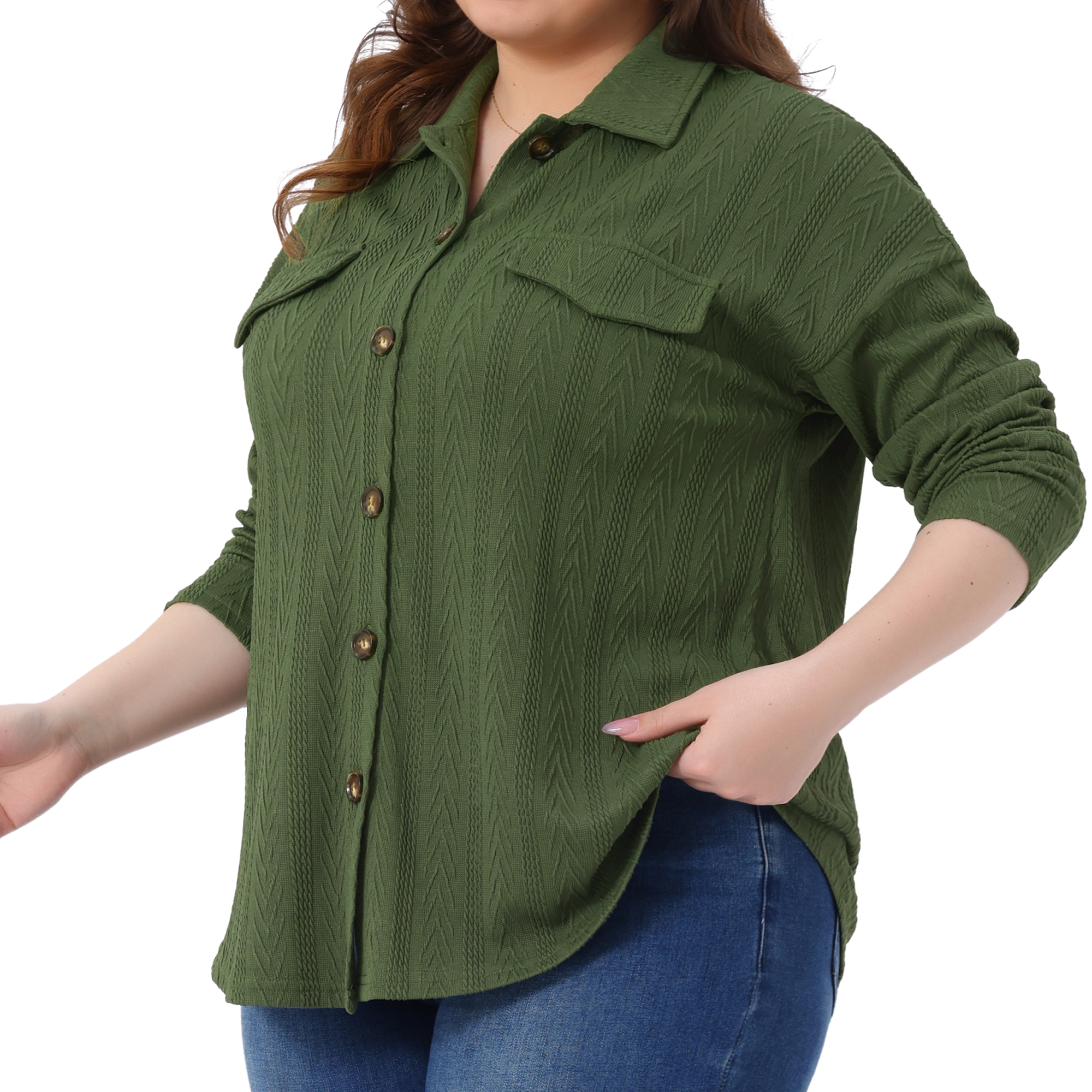 DARING DIVA Women's Plus Size Knit Casual Long Sleeve Button Down Shirts 1X Army Green