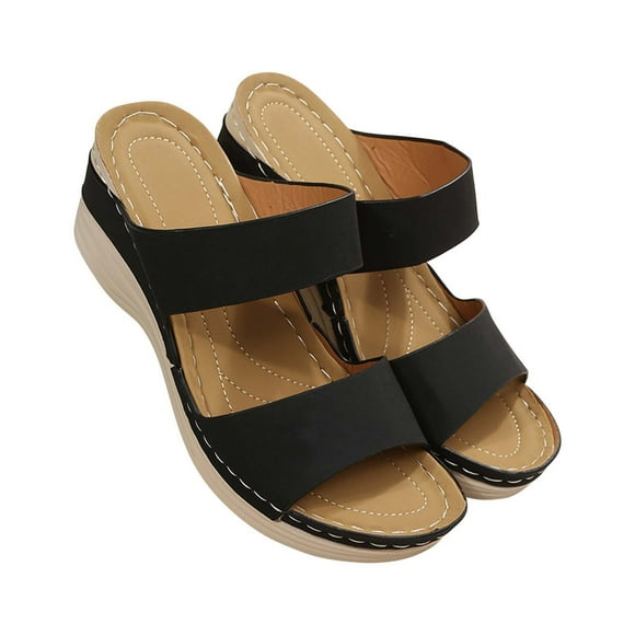 Hoshose Slope Heel Shoes Beach Sandals for Women Casual Slippers Summer Open Toe Slippers for Women, Black