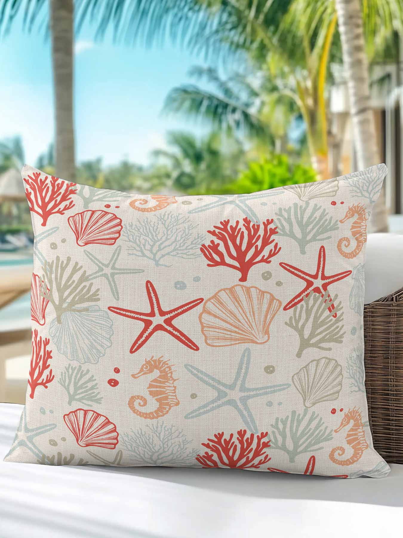 Waterproof Outdoor Throw Pillows with Inserts 18"x18", Red Orange Coastal Soft Decorative Pillowcases for Couch Bedroom, Summer Beach Starfish Coral Nautical Rustic Pillow Covers for Sofa Living Room
