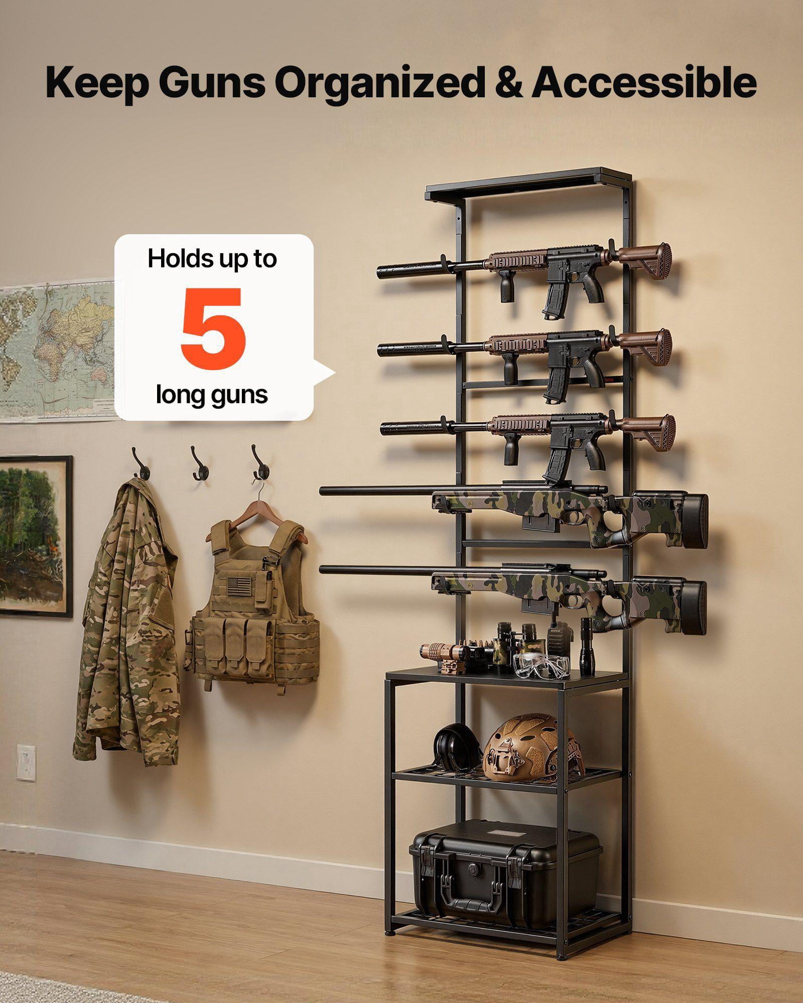 Heavy Duty Steel Floor Standing Gun Rack with Storage Shelf Holds 5 Rifles Shotguns for Home Garage Hunting Long Gun Storage