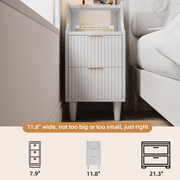 Oxirth 2PC Narrow Nightstand, 11.8 Fluted Bedside Tables with 2 Drawers & Open Shelf, Slim Mid-Century Modern End Table for Bedroom, Living Room, Office – White & Gold Accent