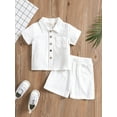 thumbnail image 3 of 2Pcs Little Boys Outfit, 12 18 24M 3 4T Toddlers Summer Autumn Solid Color Lapel Short Sleeve Single-Breasted Tops + Shorts Set, 3 of 10