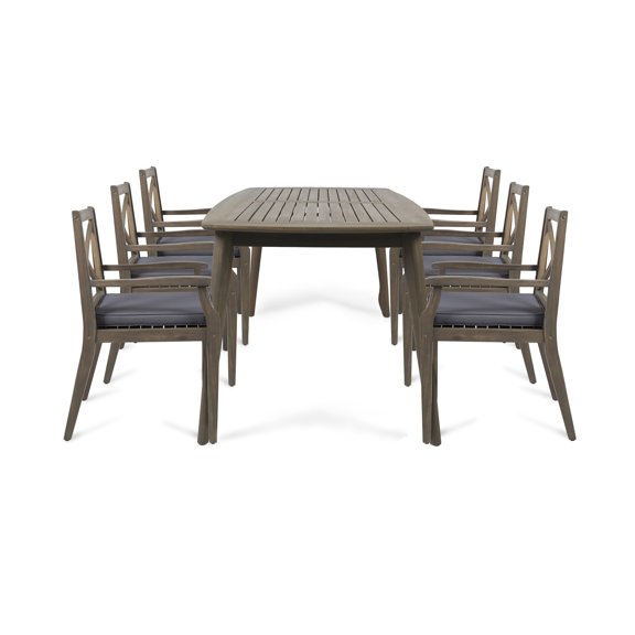 GDF Studio Karina Outdoor Acacia Wood 7 Piece Dining Set with Cushion, Gray and Dark Gray