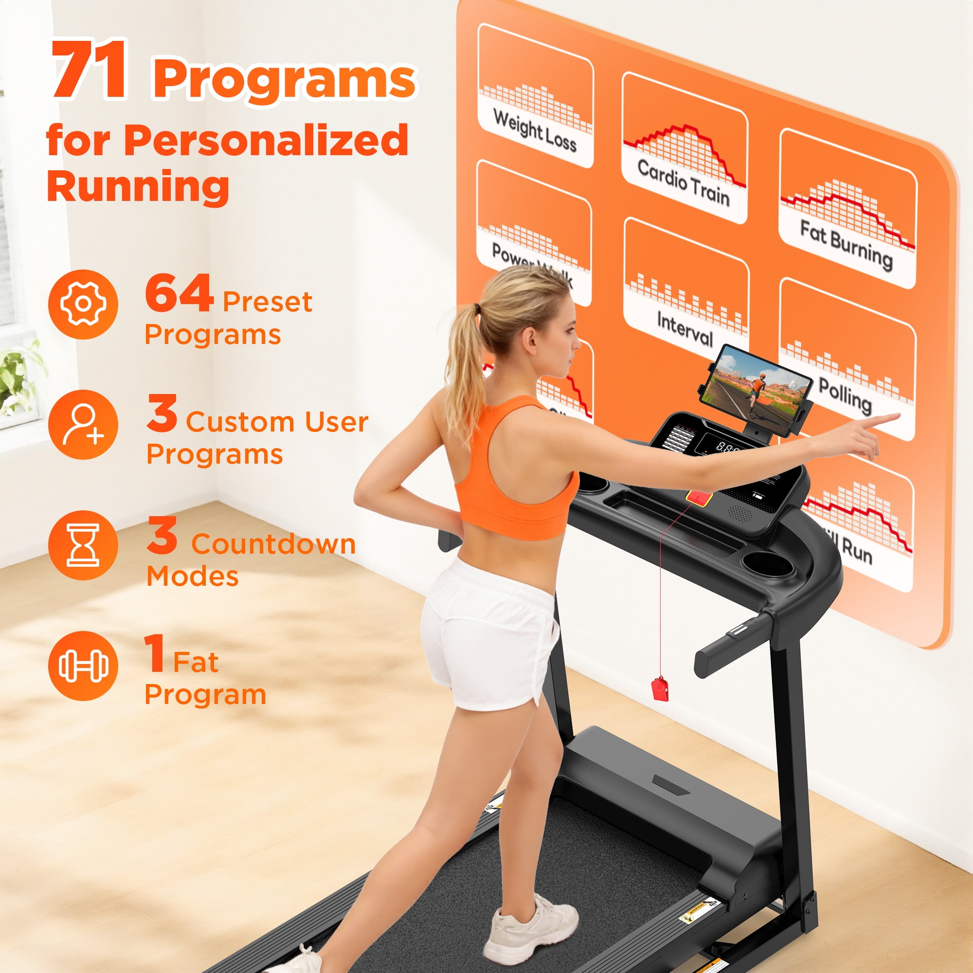 Folding Treadmill w/ Incline, 3.5HP Treadmill for Home w/ 330lb Capacity, 71 Programs