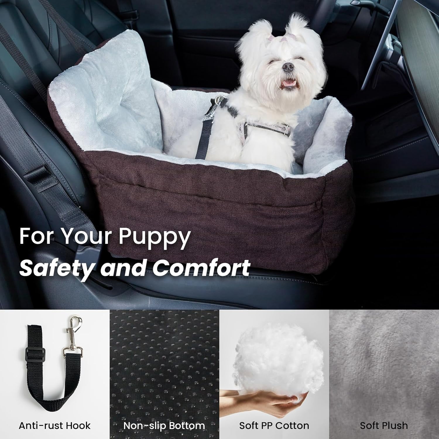 WATANIYA PET Dog Car Seat Plush and Portable Pet Booster Seat,Washable Pet Travel Carrier Bed, With Clip-on Safety Leash,Adjustable Straps for Pets up to 25lbs, Brown