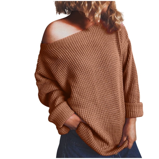 Gibobby Suéter de Punto Suéter de mujer con hombros descubiertos, manga larga, informal, de Color sólido, de punto, para vacaciones, invierno, suéter suelto, Tops (Café, S)