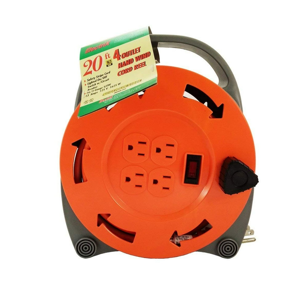 ElectriX 20 Ft 16/3 AWG Gauge SJTW 4 Outlet Hand Wind Grounded Cord