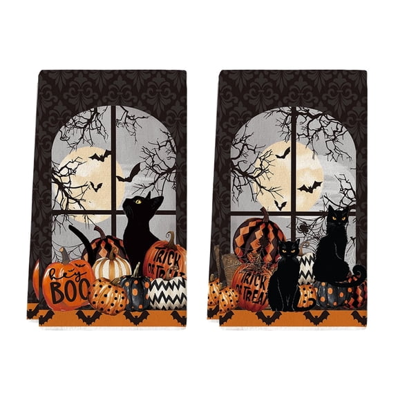 Sm:)e Black Cat Pumpkins Trick or Treat Halloween Kitchen Dish Towels Set of 2, 18x26 Inch