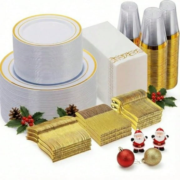700 Piece Gold Dinnerware Set for 100 Guests Disposable for Party Include: 100 Gold Rim Dinner Plates 100 Dert Plates 100 Paper Napkins 100 Cups 100 Plastic Sierware Set