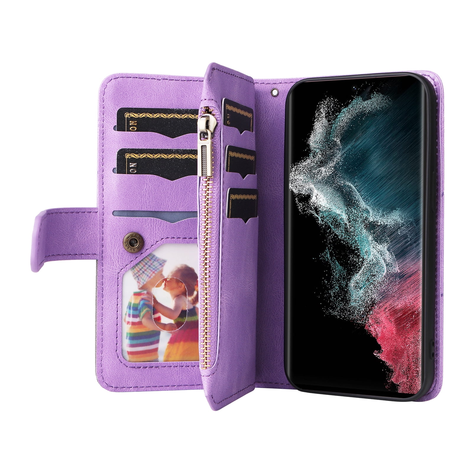 Dteck for Samsung Galaxy S23 Ultra Case Wallet with 9 Card Slots, Zipper Pocket PU Leather Folio Flip Phone Case with Wristlet Strap for Samsung Galaxy S23 Ultra 6.8 Inch, Purple