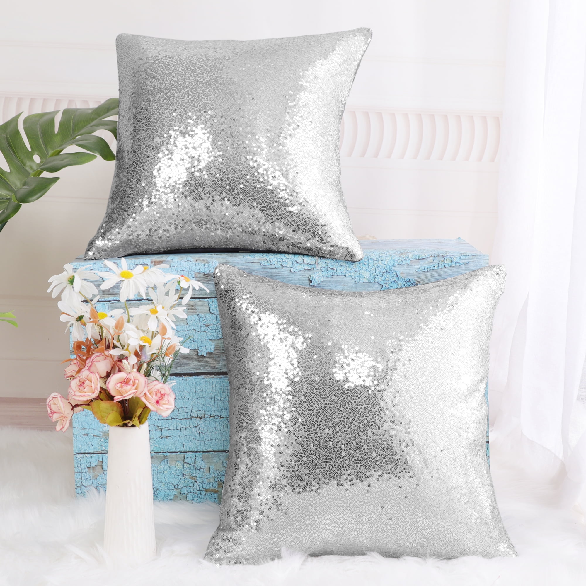 Silver sequin top throw pillows