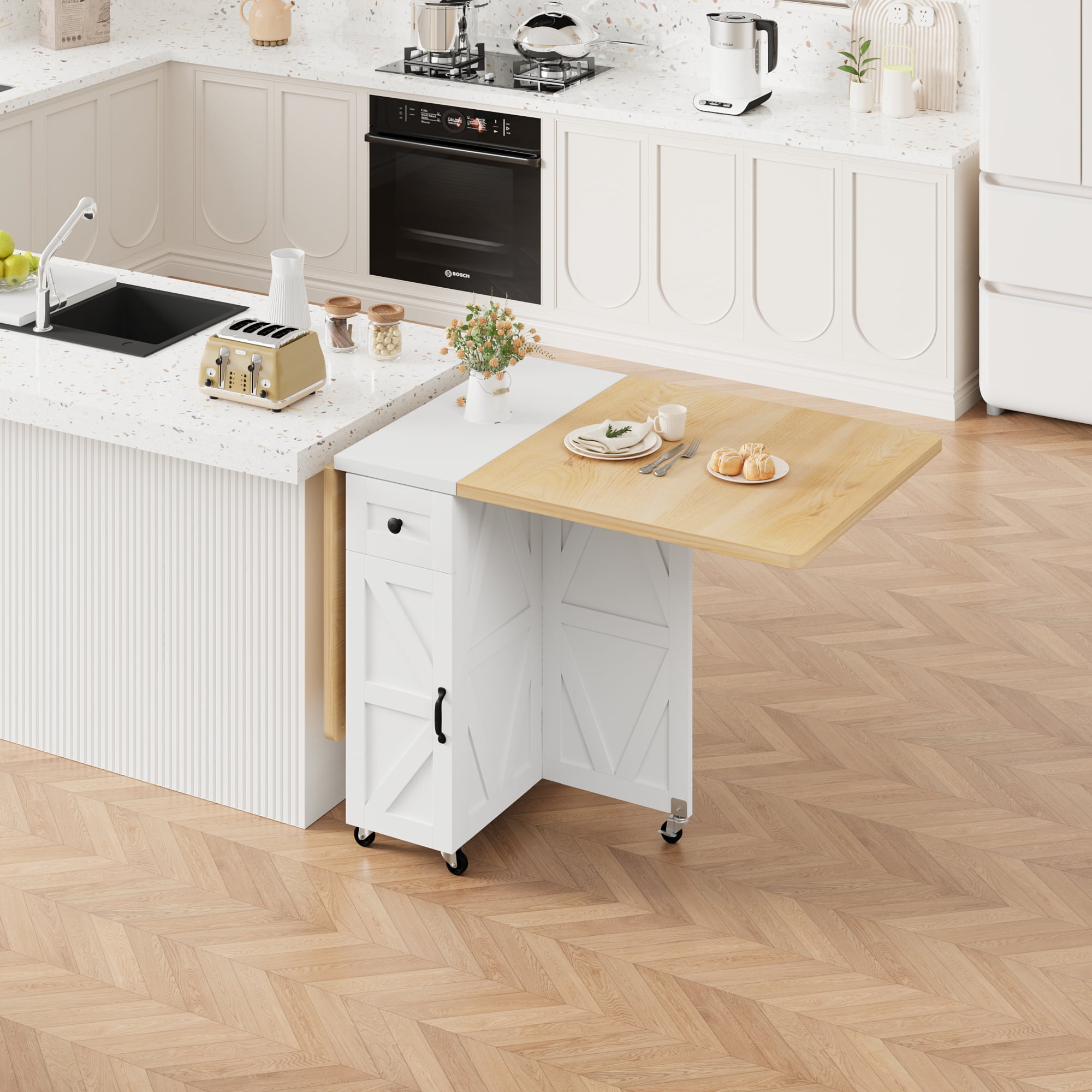 Cocosity Space Saving Versatile Folding Kitchen Dining Table with Wheels & Storage Shelf for Small Apartment