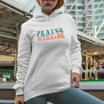 thumbnail image 2 of Prayer Warrior, Name or Title for an Intercessor, Groovy Retro Wavy Text Merch Gift, White Hooded Sweatshirt or Hoodie, Small, 2 of 5