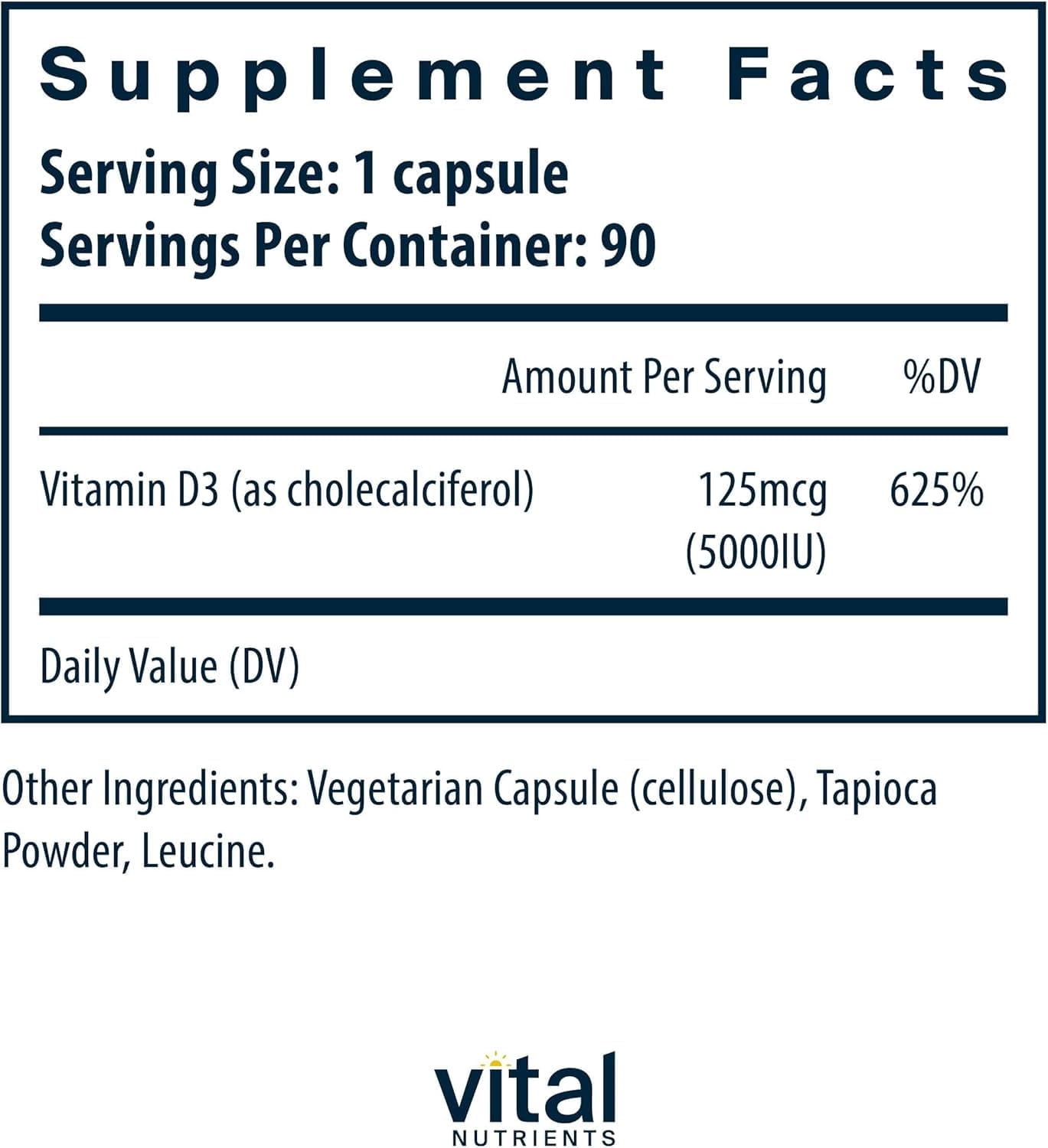 Vital Nutrients Vitamin D 5000 IU | Vitamin D3 Supplement | Healthy Bones, Teeth, Muscles| Cellular & Immune Function | Calcium Absorption | Gluten, Dairy and Soy Free | 90 Capsules
