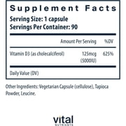 Vital Nutrients Vitamin D 5000 IU | Vitamin D3 Supplement | Healthy Bones, Teeth, Muscles| Cellular & Immune Function | Calcium Absorption | Gluten, Dairy and Soy Free | 90 Capsules