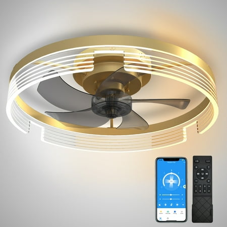 Surnie Gold Ceiling Fan with Light-Modern Flush Mount Low Profile Ceiling Fans Timing Remote Control  Smart Small Enclosed Reversible Dimmable LED Lighting Fan for Indoor Bedroom Living Room Kitchen