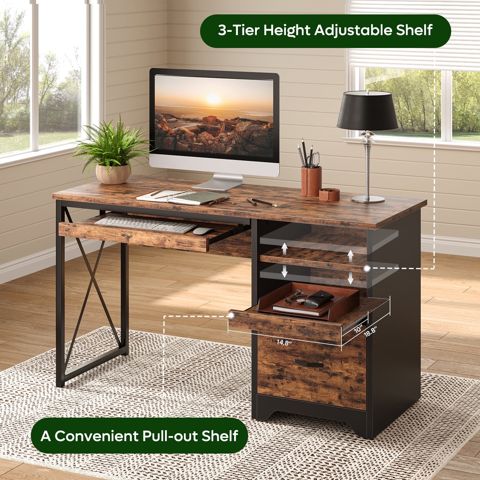 Bestier 47 inch Computer Desk with Storage File Drawer & Keyboard Tray, Home Office Writing Desk Work Study Table for Small Space, Rustic Brown