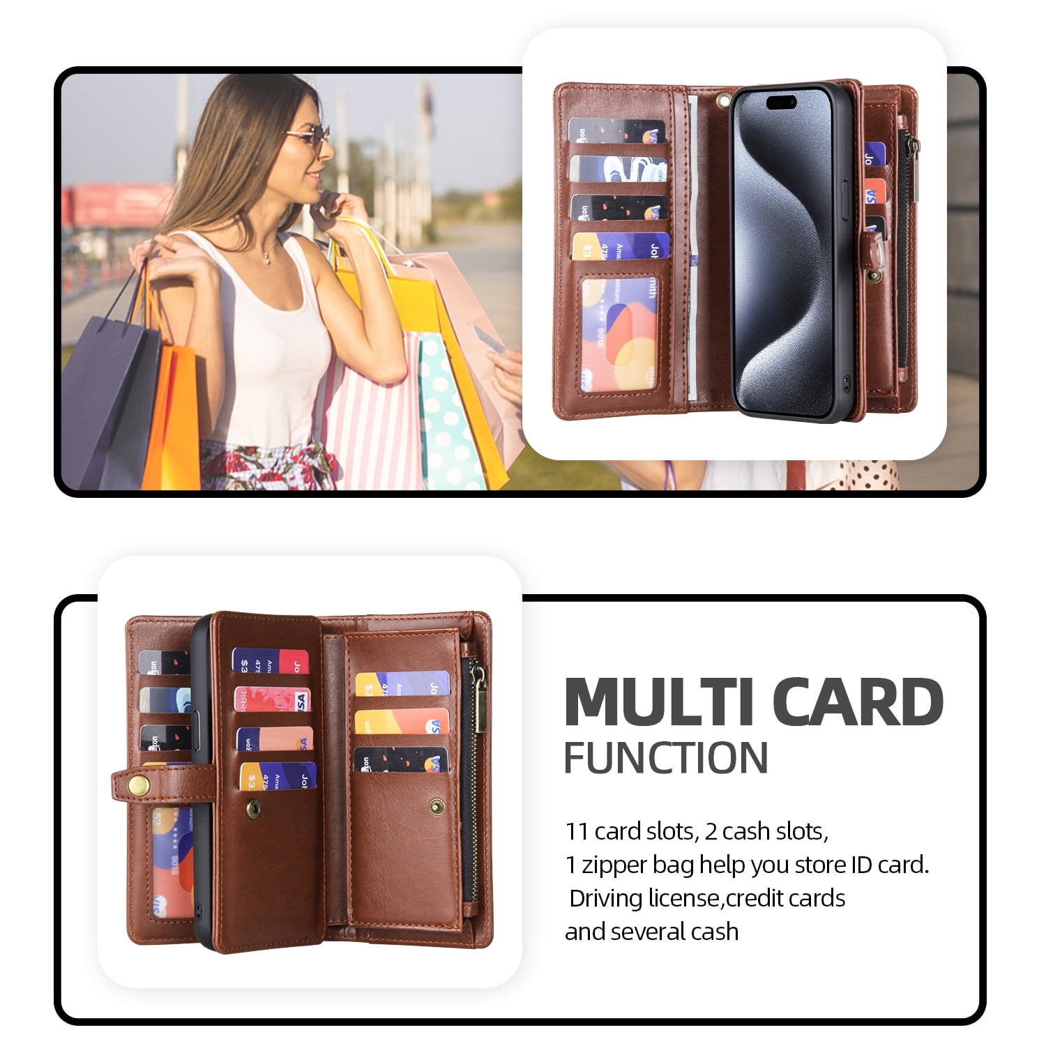 2 In 1 Wallet Phone Case for Apple iPhone 13, Detachable Magnetic Back Cover with Cards Holder Zipper Pocket Hand Wrist RFID Blocking Snap Closure Shockproof Case for iPhone 13, Brown