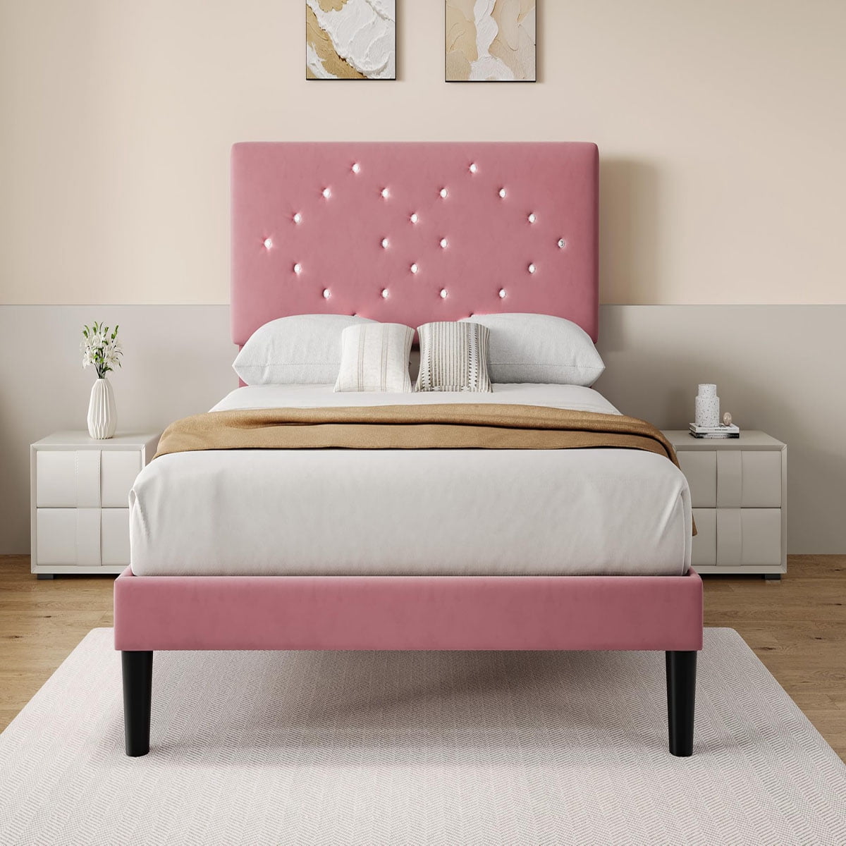Ataucjin Queen Bed Frame with Crystal Diamond Tufted Upholstered Headboard,Velvet Platform Bed with Sturdy Wood Slats, No Box Spring Needed, Easy Assembly, Noise-Free