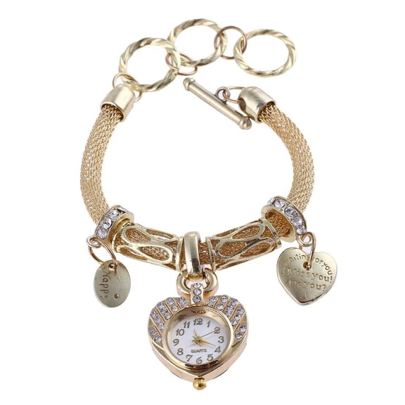 Women’s Bracelet Watch Heart-Shaped Dial & Dual Love Charms Pendant Quartz Timepiece Rhinestone Embellished Alloy Chain Cute Clock Fashion Golden Silver Steel Band Accessory for Girl Day Wear Gift