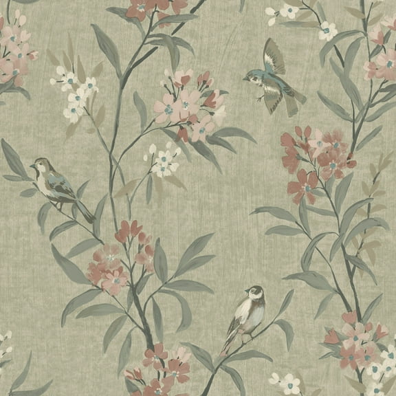 Chesapeake Tea Olive Green Finch Frolic Wallpaper