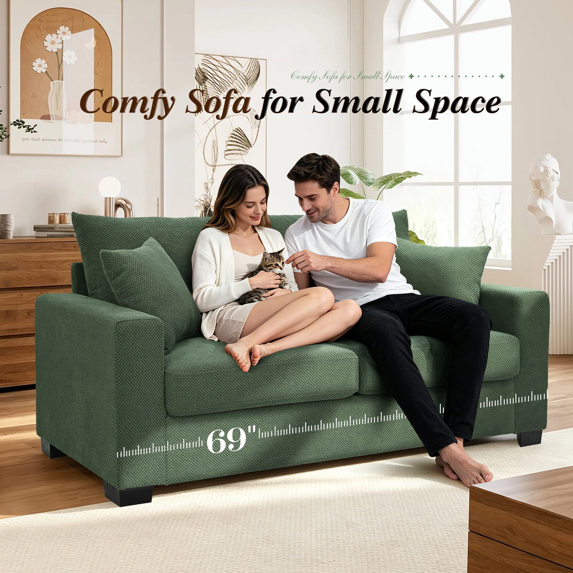 Lunale 69" Loveseat Sofa for Small Space, Modern Comfortable 2-Seater Upholstered Couch, Green Polyester