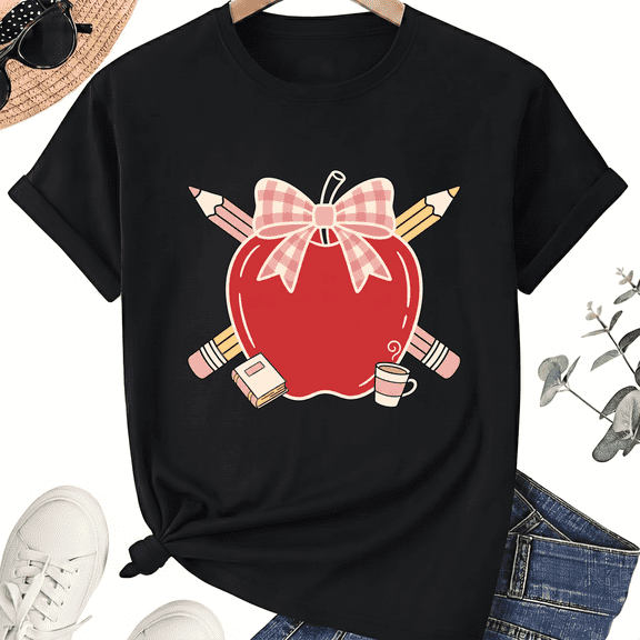Apple Bow Teacher T-Shirt for Women, 100% Cotton Crew Neck Short Sleeve Shirt, Pencil and Crayon School Graphic