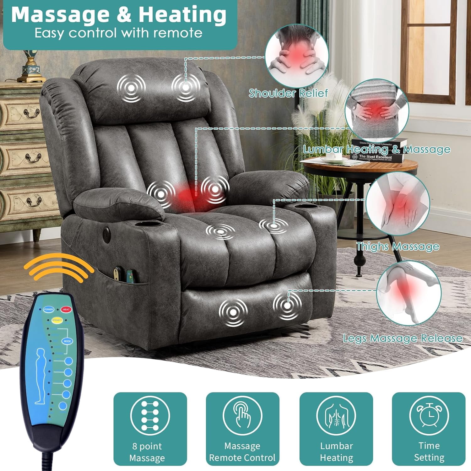 MEETWARM Large Power Lift Electric Recliner Chair with Extended Footrest for Big Tall Man, Overstuffed Wide Recliner with Massage and Heat, 2 Remote Controls/USB Ports/4 Side Pockets(Grey)