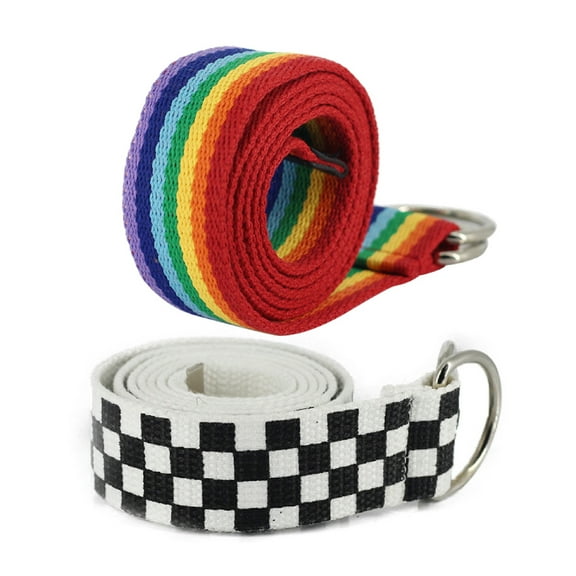 Kripyery Belt with Ring Buckle Soft Canvas Plaid Rainbow Pattern Belt for Wedding
