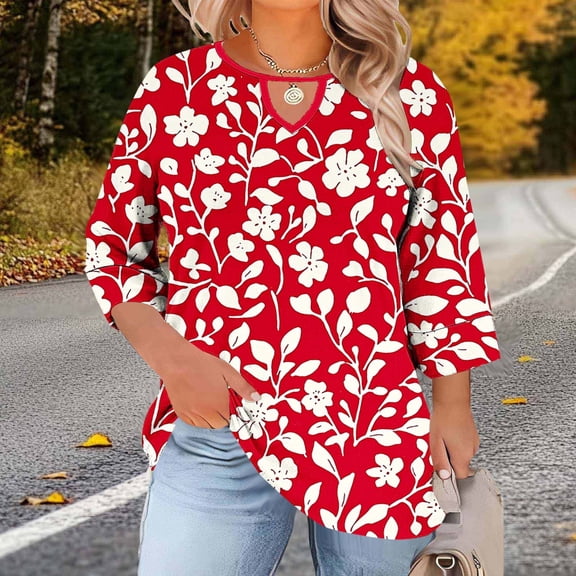 Xuyuer Plus Size Women Blouses Casual Round Neck 3/4 Sleeve Tops Summer Hollow Out Loose Fitted Blouse for Women 2026