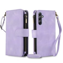 ELEHOLD for Samsung Galaxy S23 FE Wallet Case,Flip Leather Women Men Credit Card Cash Slot Zipper Kickstand Shockproof Protective Case with Crossbody Wrist Strap for Samsung Galaxy S23 FE,Purple