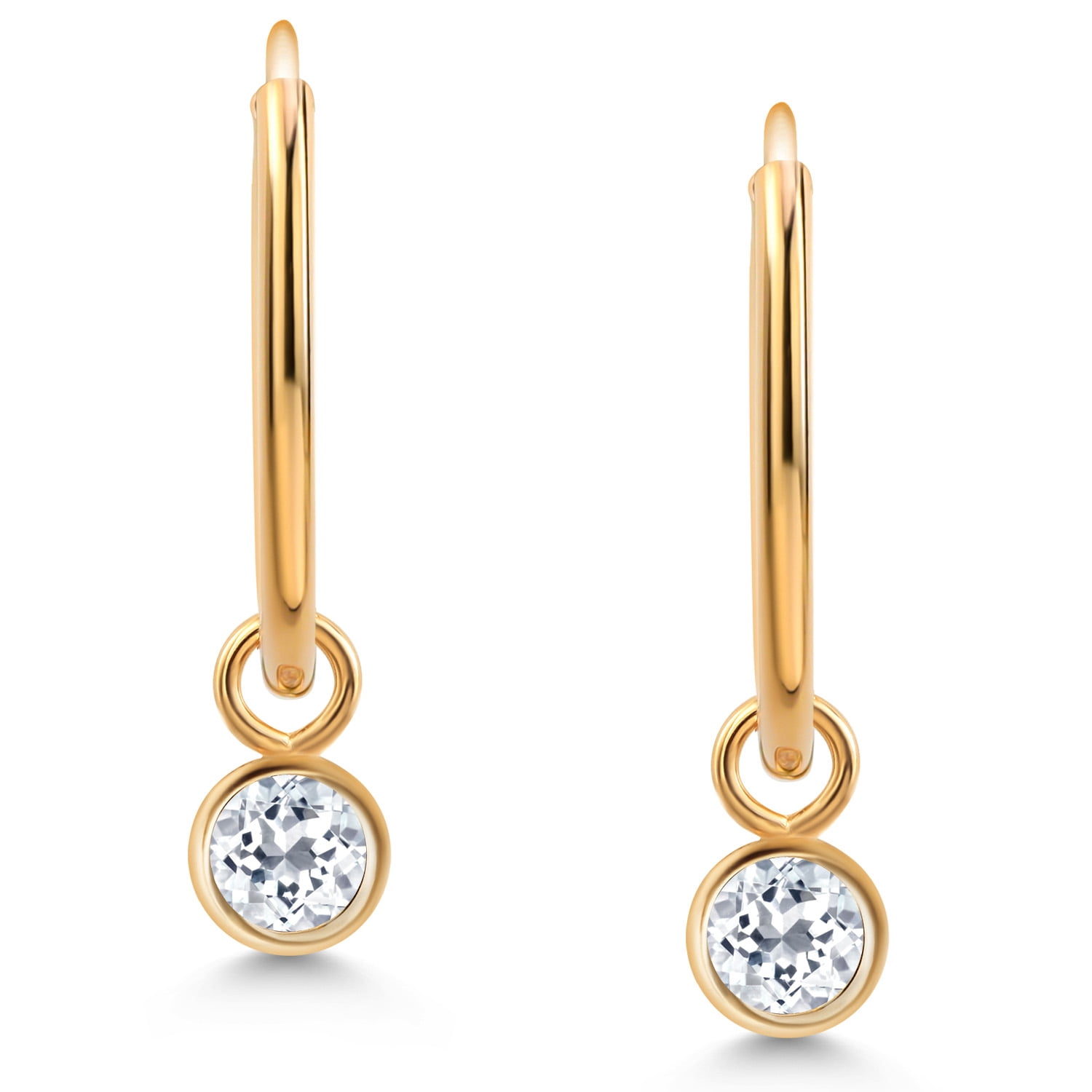 Gem Stone King 14K Yellow Gold White Topaz Snap Closure Continuous Endless Drop Dangle Hoop Earrings for Women | 0.28 Cttw | Round 3MM | Fine Jewelry Gifts for Women Her Mom Wife