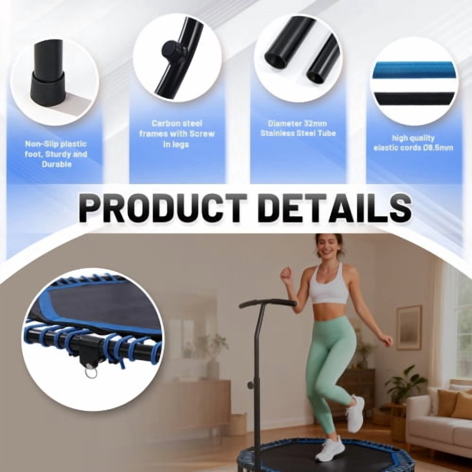 48 inch Foldable Fitness Trampoline for Adults, 450lbs Capacity Heavy Duty Rebounder with Adjustable Handlebar, Quiet Durable Bungee Rope, Low Impact Cardio & Strength Training Equipment for Home Gym