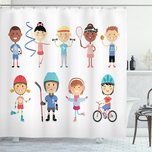 Kids Sports Shower Curtain, Hockey Player Roller Skating Girl Fitness Gymnastics Game Hobby Baby Cartoon, Fabric Bathroom Set with Hooks, 69W X 70L Inches, Multicolor, by Ambesonne