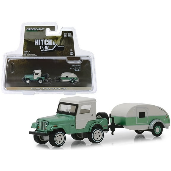 1972 Jeep CJ-5 Half-Cab and Teardrop Trailer Metallic Green and Cream Hitch & Tow" Series 16 1/64 Diecast Models by Greenlight"