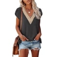 thumbnail image 1 of Blusa con cuello en V y manga de pétalo, manga corta, encaje, guipur, blusa de encaje, camisa para mujer, dama, niña, gris, M, 1 of 5