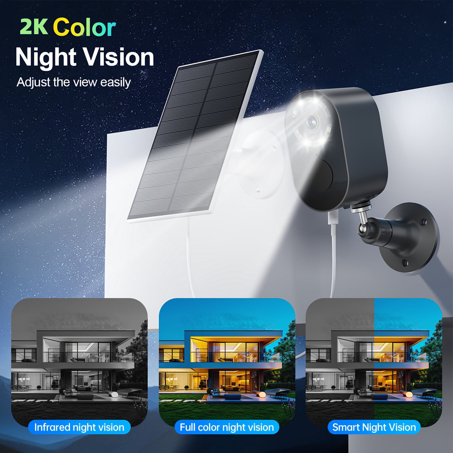 Solar Security Camera 2K Outdoor/Indoor, Waterproof, Low Power, 2.4G WiFi, Two-Way Audio, Human Detection, Color Night Vision, Pet/Baby Monitor