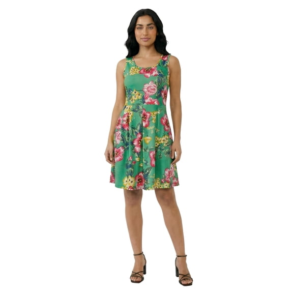 24seven Comfort Apparel Petite Floral Sleeveless Pleated Pocket Fit N Flare Dress