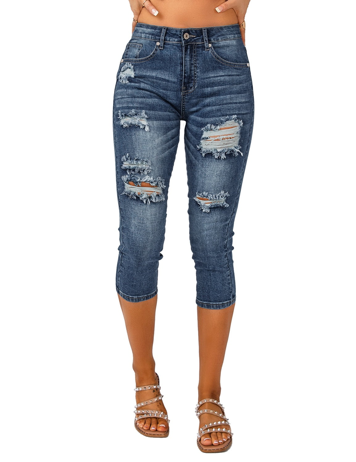 Vetinee Women s Stretch Soft High Waisted Capri Pants Ripped