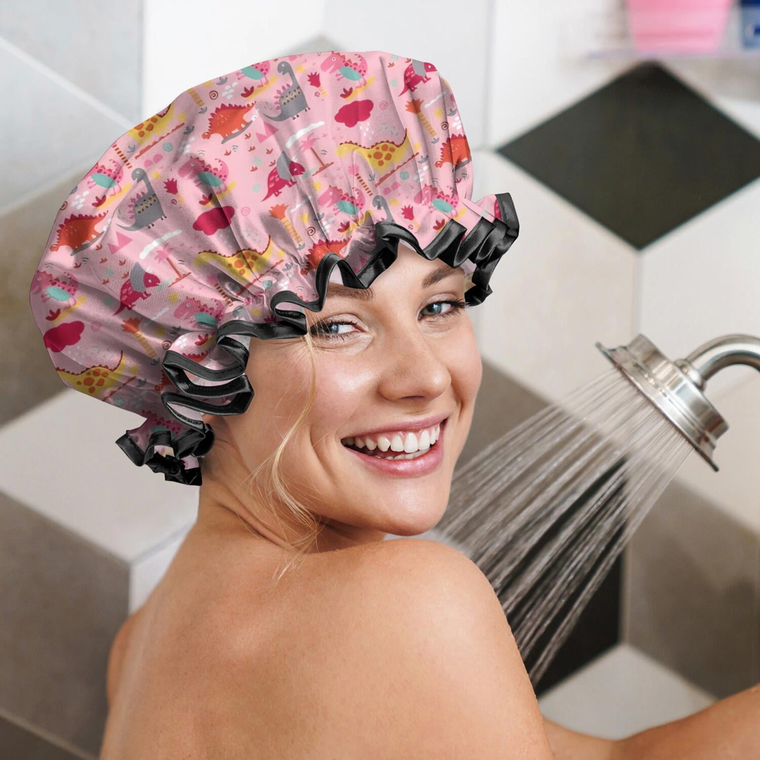 Shower Caps,Pink Cartoon Dinosaurs Landscape Pattern Waterproof Shower Cap for Women 4 Pieces,Double Reusable Hair Cover for Shower PEVA Elastic Stretch Hem