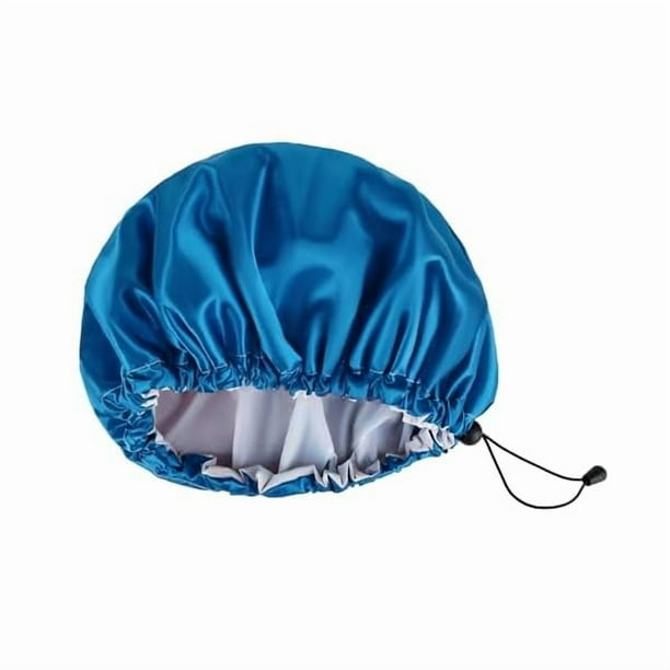 wonima11 Shower Cap for Men, with Adjustable Ties, Satin PEVA Double Layer Waterproof Bath Caps, Reusable Large Size Hair Cap with Elastic Band for All Hair Lengths (Blue)