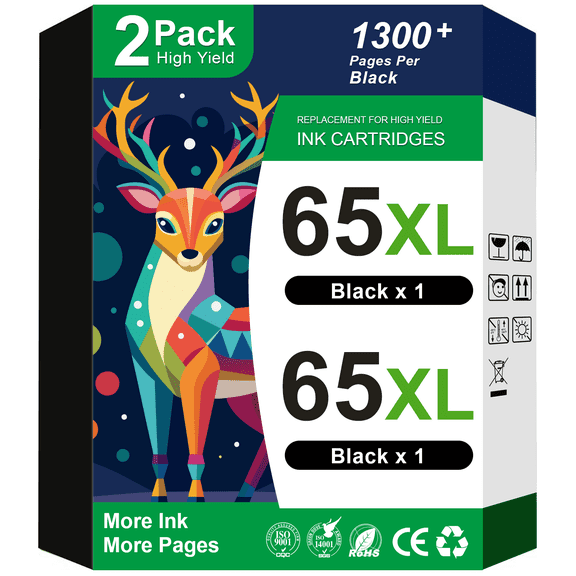 65XL Black Ink Cartridge Compatible for HP 65 Black Ink Cartridge XL 2 Pack