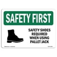 thumbnail image 1 of SignMission OS-SF-A-1218-L-10964 12 x 18 in. OSHA Safety First Sign - Safety Shoes Required When Using with Symbol, 1 of 1
