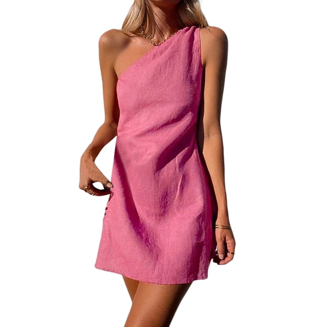 Lucakuins Mini vestido de verano para mujer, casual, un hombro, sin mangas, color sólido, vestido ajustado Lucakuins moda