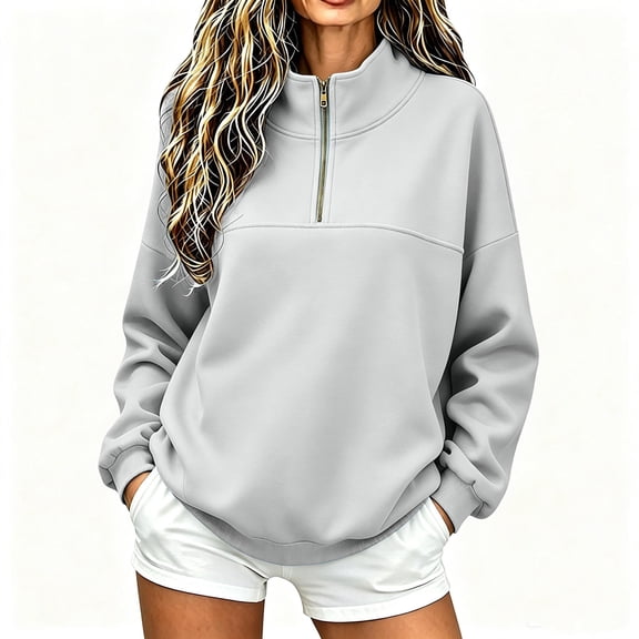 Womens Quarter Zip Oversized Sweatshirts Long Sleeve Pullover Top, Mock Neck Sweater Fall Workout Jacket Gray XXL
